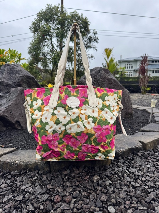 Dooney & Bourke Handbags - Dooney & Bourke Floral Canvas Tote Bag Braided Leather Handles Tropical Print